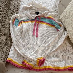 Torrid White Sweater with Pink, Yellow, and Teal Stripes